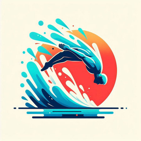 swimmer silhouette on the background of the wave. Vector illustration.のイラスト素材