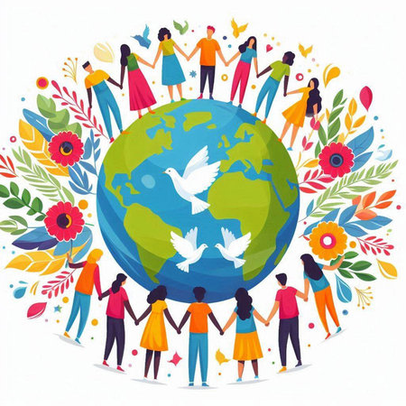 International Day of Peace. Group of people holding hands around the globe. Vector illustration.のイラスト素材