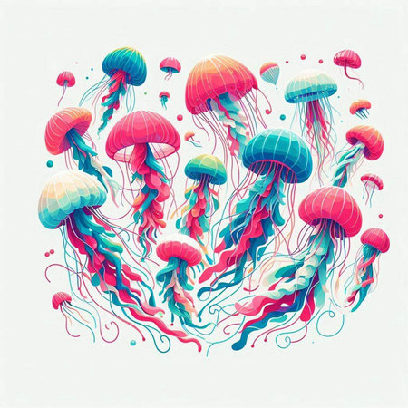 Colorful jellyfish, vector illustration on white background, hand drawingのイラスト素材