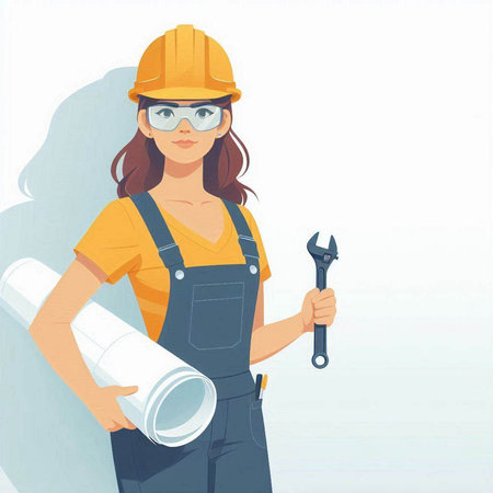 Female construction worker in helmet and overalls holding a wrench, vector illustrationのイラスト素材