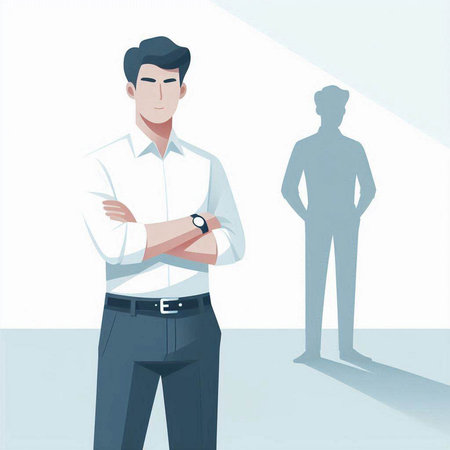 Businessman standing in front of the shadow of a businessman. Vector illustration.のイラスト素材