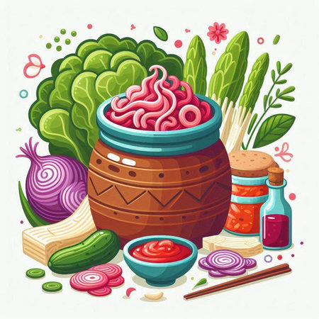 Vegetable soup in a clay pot. Vector illustration of healthy food.のイラスト素材
