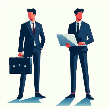 Vector illustration of two businessmen with laptop and briefcase. Business concept.のイラスト素材