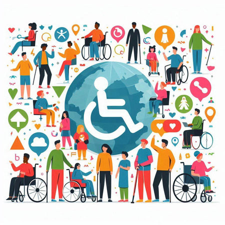 Disabled people concept. Vector illustration in flat style with people and icons.