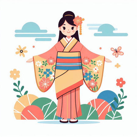 Japanese girl in kimono with flowers. Vector illustration in flat style.のイラスト素材