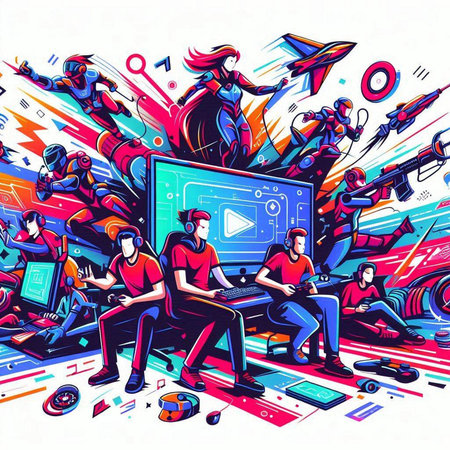 People playing video games on computers. Teamwork concept. Vector illustrationのイラスト素材