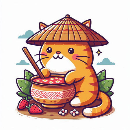 Cute cartoon cat with bowl of rice and spoon. Vector illustration.のイラスト素材