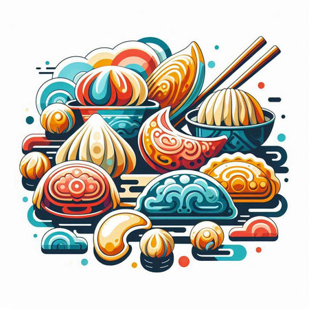 Colorful vector illustration of Chinese Mid Autumn Festival food. Cartoon style.のイラスト素材