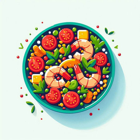 Shrimps with vegetables and herbs on a plate. Vector illustration.のイラスト素材