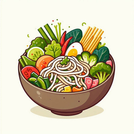 Bowl of noodle with vegetables and egg. Vector illustration.