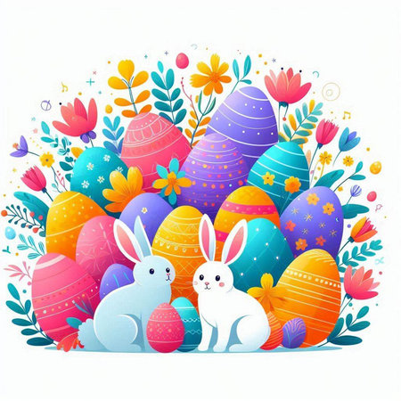 Easter background with colorful eggs and bunnies. Vector illustration.