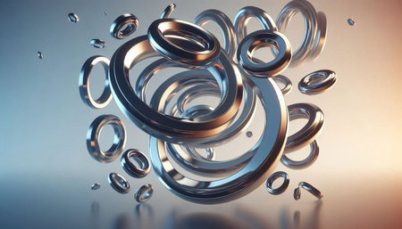 Abstract 3d rendering of metal rings in water. Computer generated background.