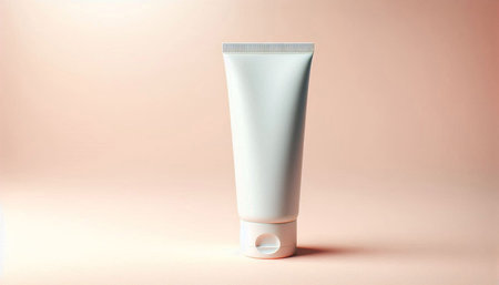 White cosmetic tube on pastel pink background. Mock up for design