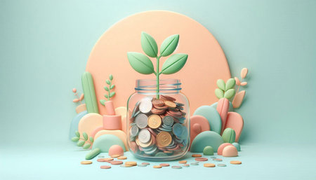 Plant growing out of coins in a glass jar. 3D rendering