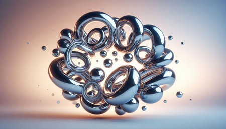Abstract 3d rendering of metal ring. Technology background with shiny spheres.