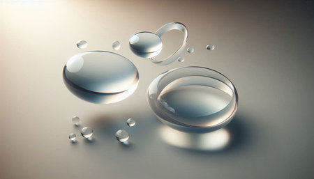 Transparent drops of water on a light background. 3d rendering