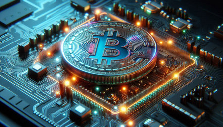 Bitcoin. Cryptocurrency. Golden coin on the motherboard. 3D illustration.