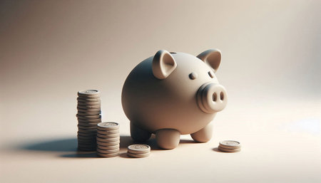 Piggy bank and coins on a light background. 3d rendering