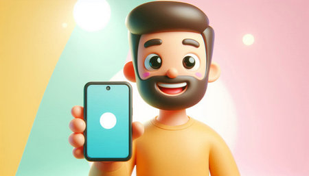 Illustration of a man holding a smartphone with a smile on his face