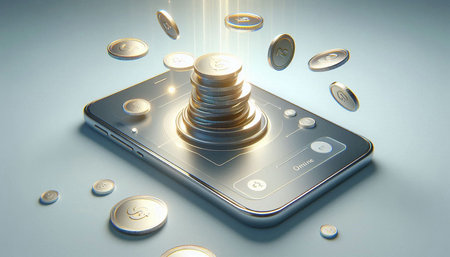 Mobile phone with coins. 3D illustration. 3D CG. High resolution.
