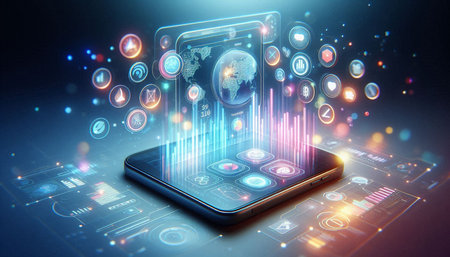 Smartphone with glowing screen and media icons. 3D Rendering