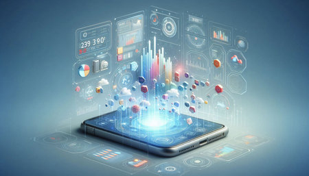 Smartphone with infographics and charts on the screen. 3d rendering