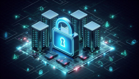 Data security concept. Server room with lock icon on blue background. 3d illustration