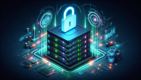Data security concept. Server room with closed padlock on blue background. 3d illustration