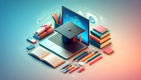 Online education concept with laptop, books, mortarboard and graduation cap