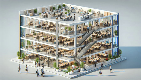 3d illustration of a modern office interior with tables, chairs and people