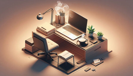 Desk with laptop and books. Workplace concept. 3D rendering