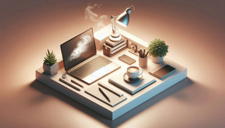 Flat isometric workspace. Workspace with laptop, coffee cup, stationery and accessories. 3D...