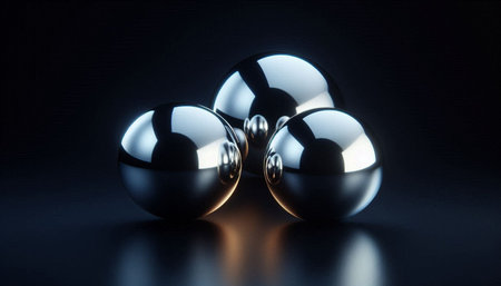 3d render of shiny metallic balls on black background with reflection.