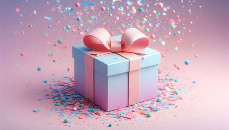 gift box with pink ribbon and blue confetti on pink background