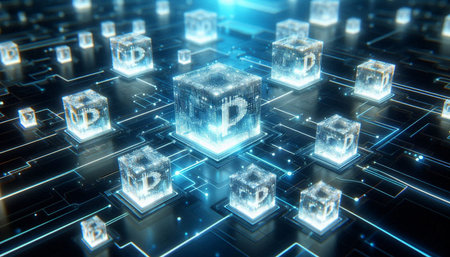 Abstract 3D rendering of digital cube with binary code. Technology concept