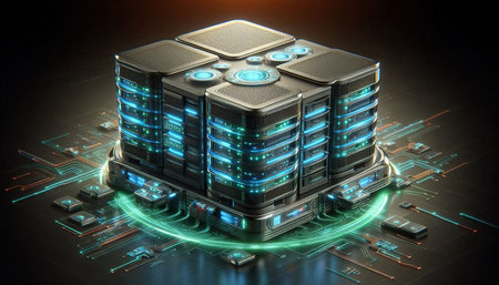 3D rendering of a big data center with a microchip in the background