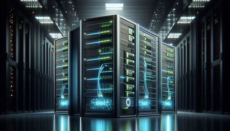3d render of server room data center with servers and bright lights