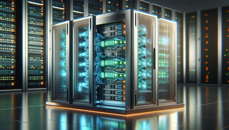 Server room data center. 3d rendering with DOF evenly matched objects