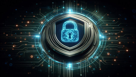 Cyber security concept illustrated by a padlock on a circuit board