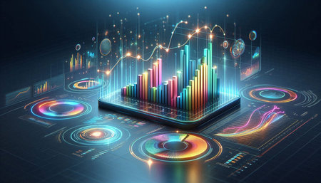 3D rendering of a financial graph and a tablet on a dark background