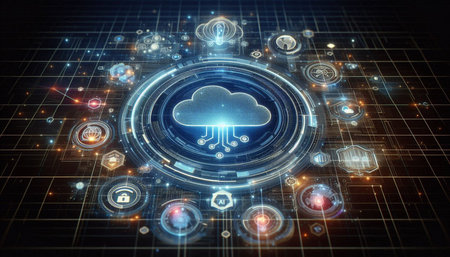 Digital cloud computing interface on dark blue background 3D rendering toned image double exposure