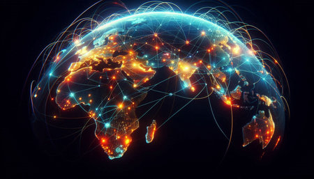 World map glowing on dark background. Global network connections. 3D rendering
