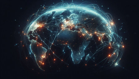 Global network connection covering the earth. Concept of global communication. 3D rendering.