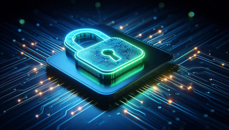 Cyber security concept with closed padlock on circuit board 3D rendering