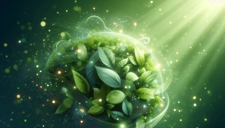 3D illustration of a green planet with green leaves and rays of light