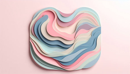 Colorful paper cut shapes on pastel pink background. 3d rendering