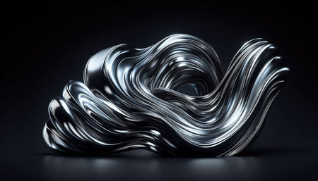 Metallic abstract wavy liquid form on black background. 3d render illustration