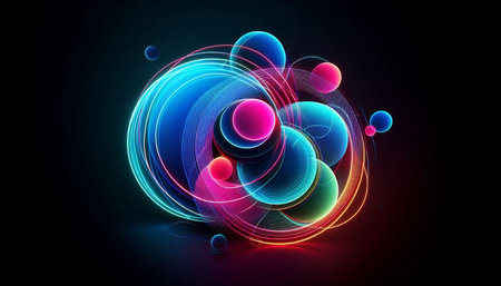 Abstract colorful background with circles, lines and bokeh. 3D rendering