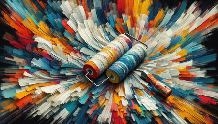 Rolls of paint and paint rollers on a colorful background.