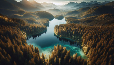 Aerial view of lake in the mountains. Nature background. 3d rendering